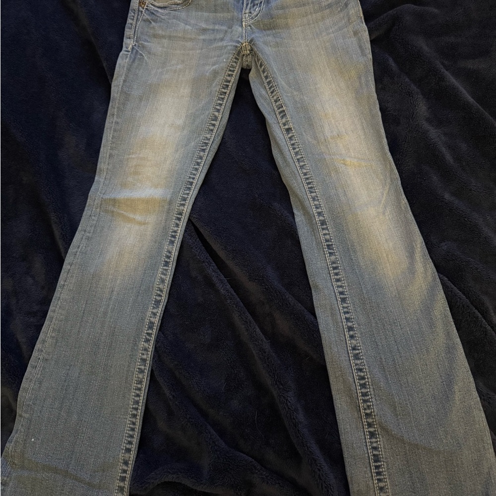 Miss Me Blue Boot Cut Jeans with Distressed Detailing Fleur De Lis Pocket
